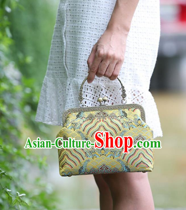 Chinese Traditional Wave Pattern Yellow Brocade Bag Handmade Cheongsam Handbag for Women