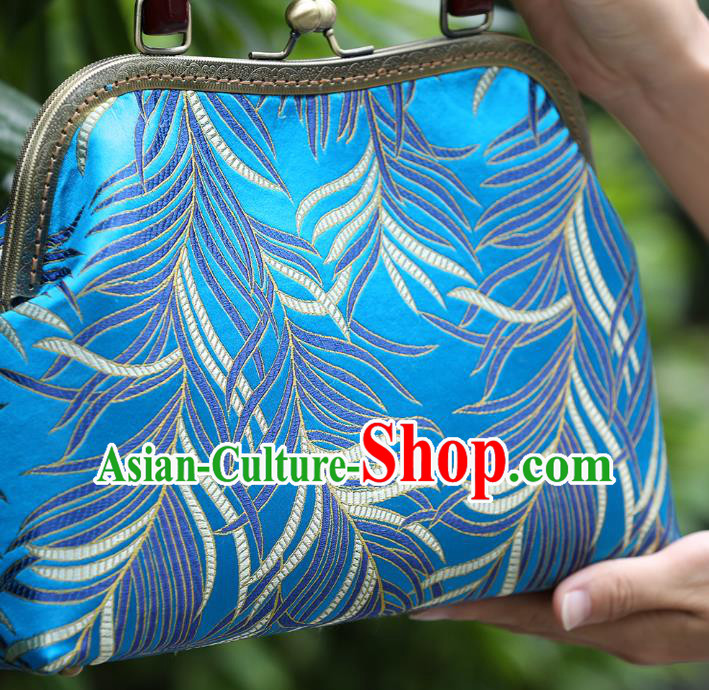 Chinese Traditional Feather Pattern Blue Brocade Bag Handmade Cheongsam Silk Handbag for Women