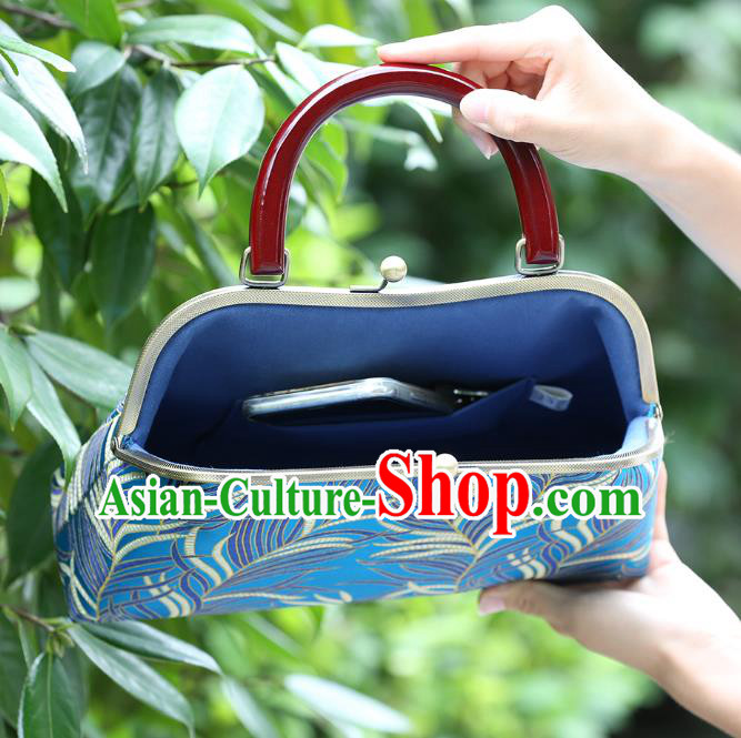Chinese Traditional Feather Pattern Blue Brocade Bag Handmade Cheongsam Silk Handbag for Women