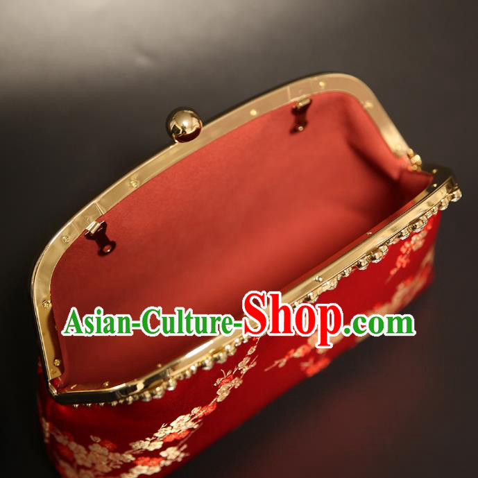 Chinese Traditional Plum Pattern Red Brocade Bag Handmade Cheongsam Silk Handbag for Women