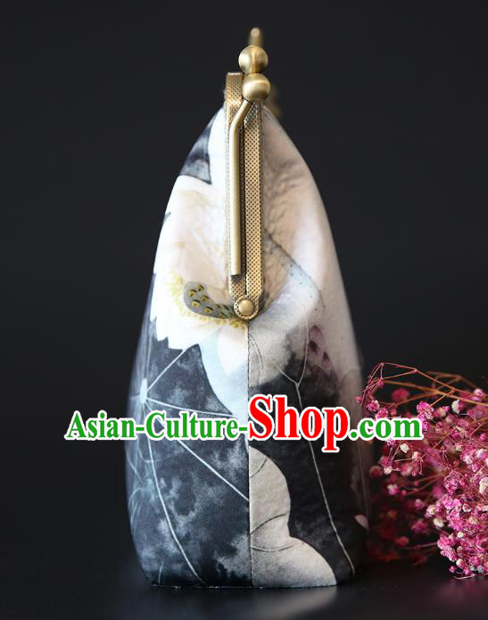 Chinese Traditional Lotus Pattern Grey Brocade Bag Handmade Cheongsam Silk Handbag for Women
