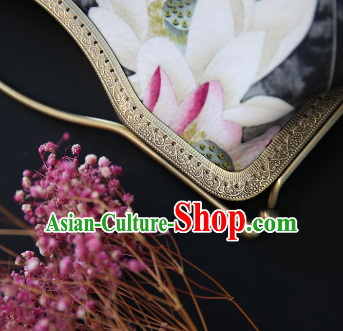 Chinese Traditional Lotus Pattern Grey Brocade Bag Handmade Cheongsam Silk Handbag for Women