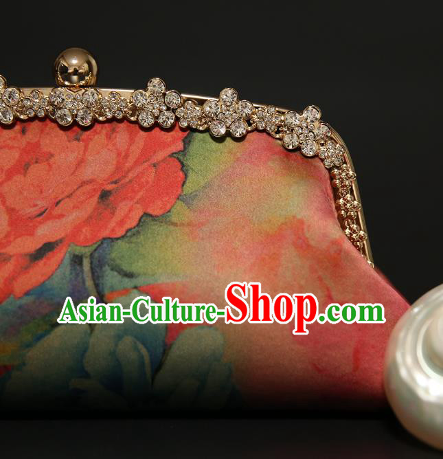 Chinese Traditional Peony Pattern Red Brocade Bag Handmade Cheongsam Silk Handbag for Women