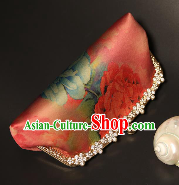 Chinese Traditional Peony Pattern Red Brocade Bag Handmade Cheongsam Silk Handbag for Women