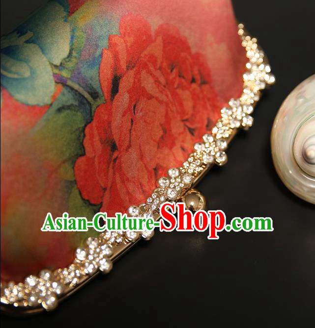 Chinese Traditional Peony Pattern Red Brocade Bag Handmade Cheongsam Silk Handbag for Women