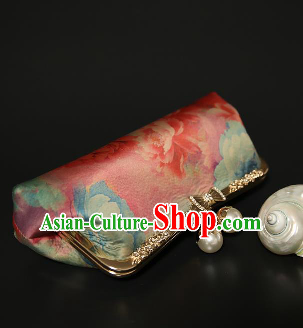 Chinese Traditional Peony Pattern Pink Brocade Bag Handmade Cheongsam Silk Handbag for Women
