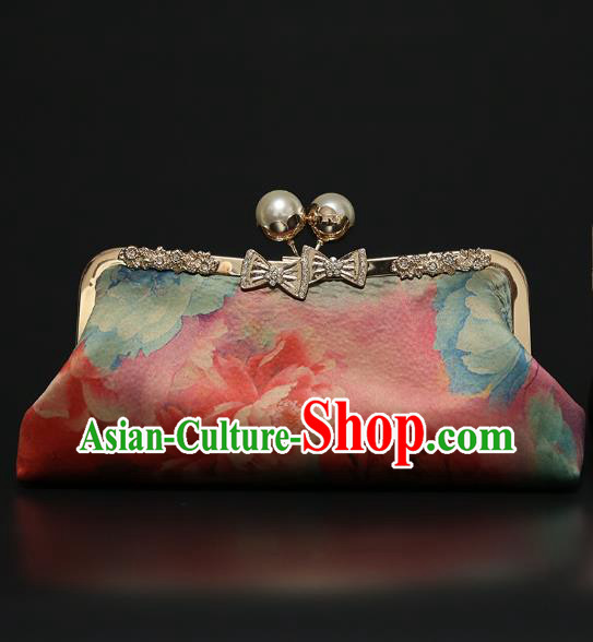 Chinese Traditional Peony Pattern Pink Brocade Bag Handmade Cheongsam Silk Handbag for Women