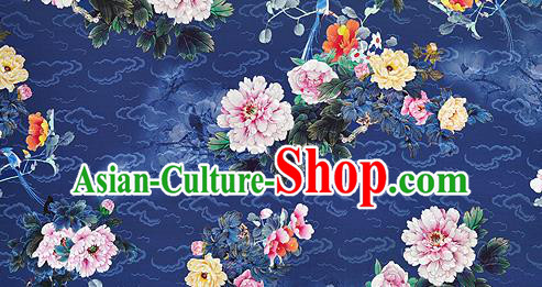 Chinese Classical Peony Pattern Design Navy Silk Fabric Asian Traditional Hanfu Mulberry Silk Material