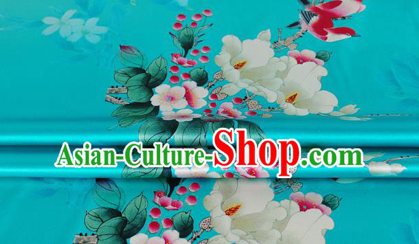 Chinese Classical Magnolia Pattern Design Blue Silk Fabric Asian Traditional Hanfu Mulberry Silk Material