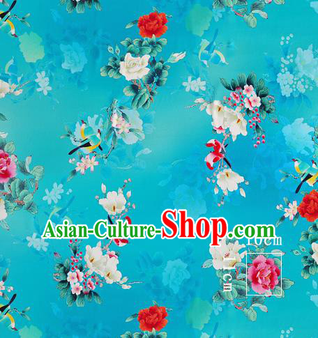 Chinese Classical Magnolia Pattern Design Blue Silk Fabric Asian Traditional Hanfu Mulberry Silk Material