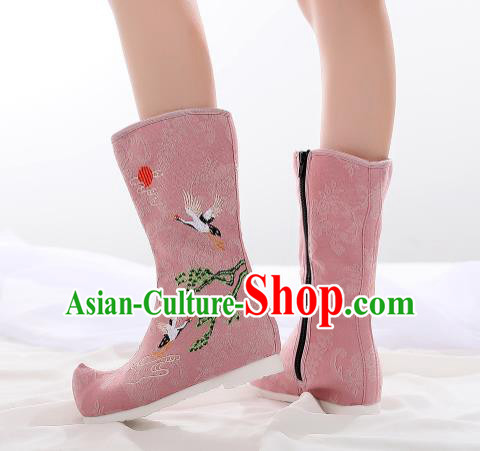 Traditional Chinese Kung Fu Pink Boots Opera Shoes Hanfu Shoes Embroidered Crane Boots for Women