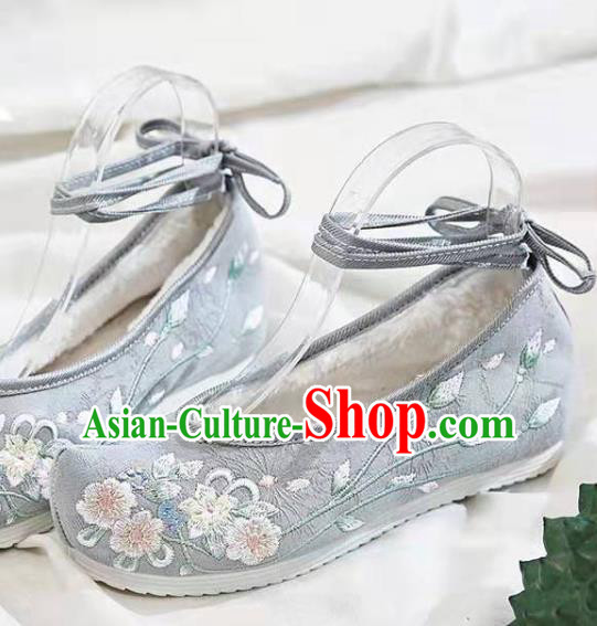 Chinese Embroidered Flowers Grey Shoes Hanfu Shoes Women Shoes Opera Shoes Princess Shoes