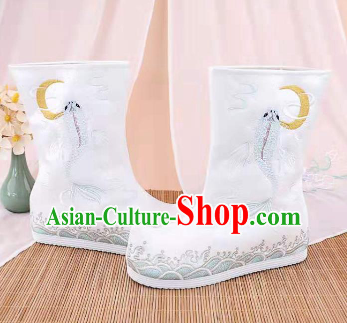 Traditional Chinese Embroidered Fish White Boots Kung Fu Boots Opera Shoes Hanfu Shoes for Women