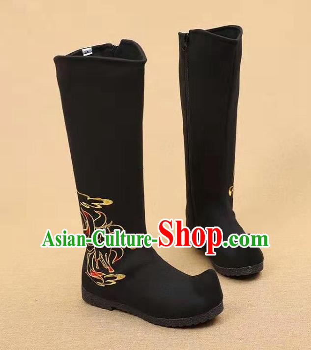 Traditional Chinese Embroidered Nine Tailed Fox Black Boots Kung Fu Boots Opera Shoes Hanfu Shoes for Women