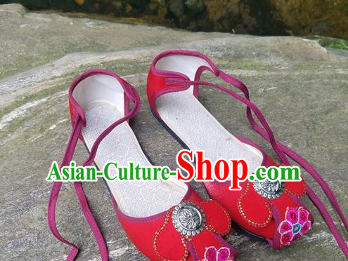 Traditional Chinese Yunnan National Red Shoes Women Shoes Embroidered Sandal