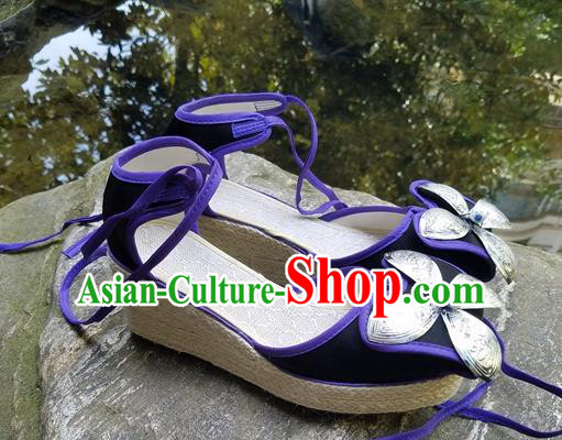 Traditional Chinese Handmade Black Wedge Heel Shoes Women Yunnan National Shoes Embroidered Sandal