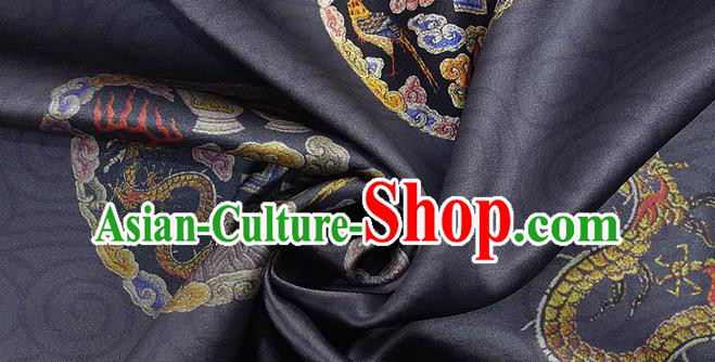Chinese Classical Dragon Peony Pattern Design Navy Silk Fabric Asian Traditional Hanfu Mulberry Silk Material