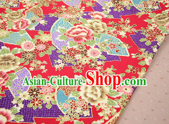 Asian Japanese Traditional Peony Pattern Design Red Brocade Fabric Tapestry Satin