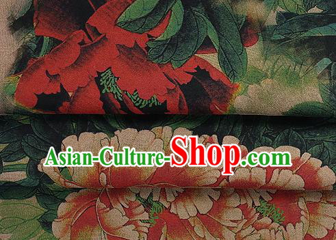 Chinese Classical Peony Pattern Design Atrovirens Silk Fabric Asian Traditional Hanfu Mulberry Silk Material