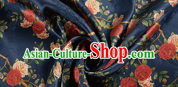 Chinese Classical Roses Pattern Design Navy Silk Fabric Asian Traditional Hanfu Mulberry Silk Material