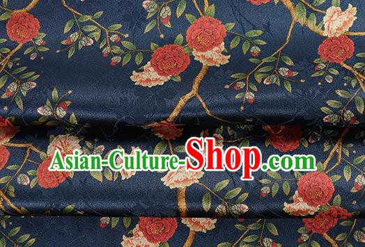 Chinese Classical Roses Pattern Design Navy Silk Fabric Asian Traditional Hanfu Mulberry Silk Material