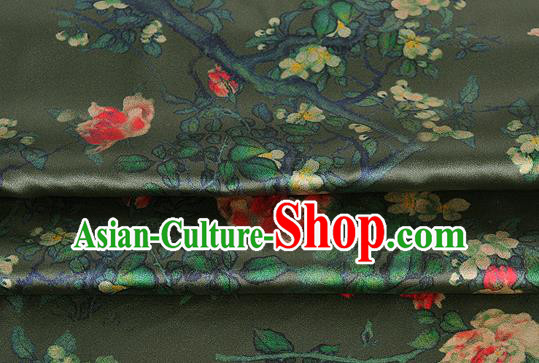 Chinese Classical Roses Pattern Design Atrovirens Silk Fabric Asian Traditional Hanfu Mulberry Silk Material
