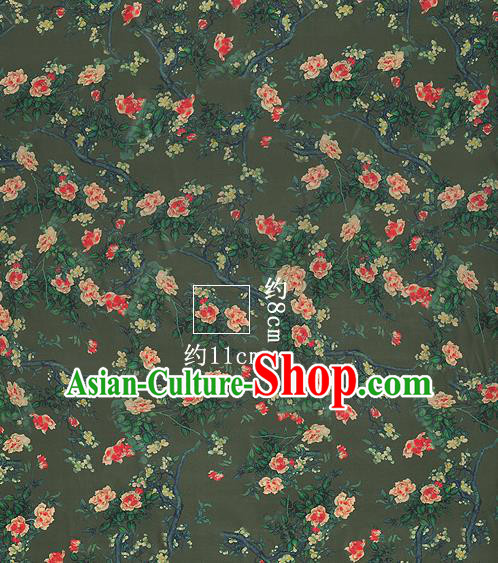 Chinese Classical Roses Pattern Design Atrovirens Silk Fabric Asian Traditional Hanfu Mulberry Silk Material