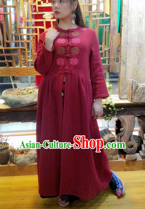 Traditional Chinese Embroidered Red Flax Dust Coat Handmade National Overcoat Costume for Women