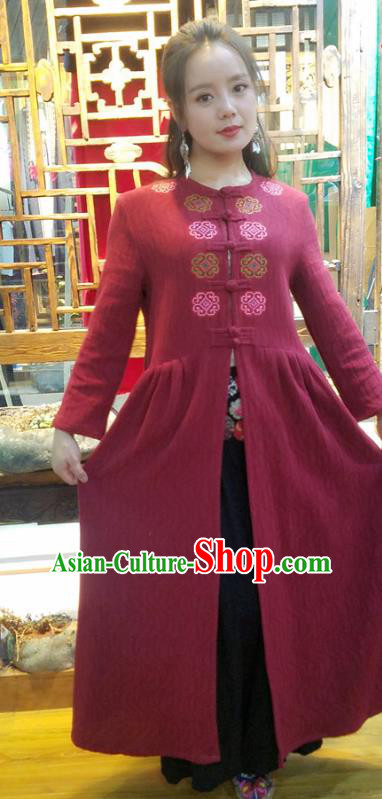 Traditional Chinese Embroidered Red Flax Dust Coat Handmade National Overcoat Costume for Women