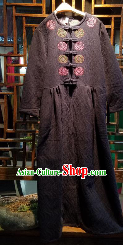 Traditional Chinese Embroidered Black Flax Dust Coat Handmade National Overcoat Costume for Women
