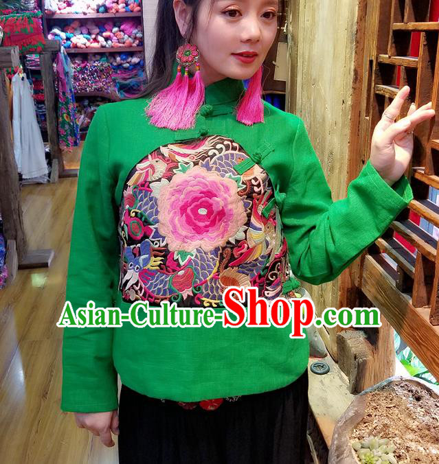 Traditional Chinese Embroidered Peony Green Shirt National Cheongsam Blouse Costume for Women