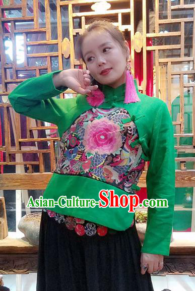 Traditional Chinese Embroidered Peony Green Shirt National Cheongsam Blouse Costume for Women