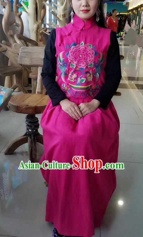 Traditional Chinese Embroidered Peony Rosy Sleeveless Dress National Cheongsam Costume for Women