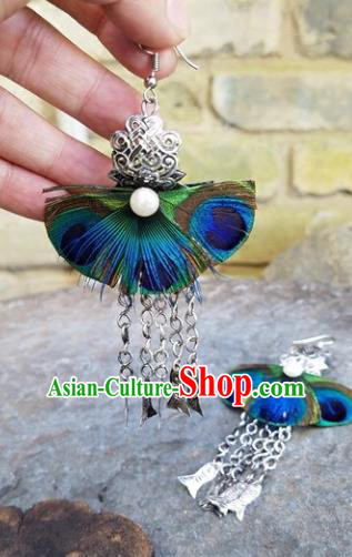Traditional Chinese Handmade Peacock Feather Earrings National Ear Accessories for Women
