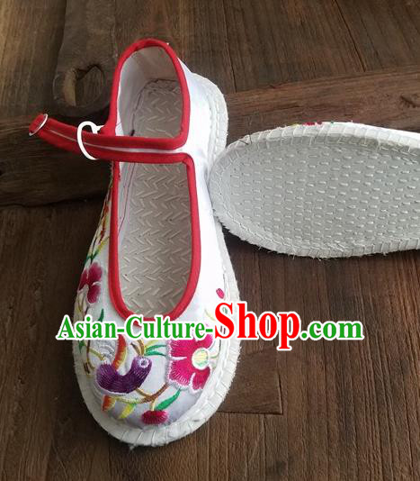 Traditional Chinese Ethnic Embroidered Flower White Satin Shoes National Shoes Hanfu Shoes for Women