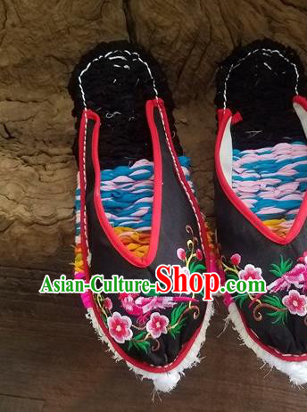 Traditional Chinese Embroidered Flowers Bird Black Slippers Handmade Ethnic National Shoes Hanfu Shoes for Women