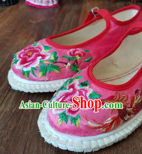 Traditional Chinese National Embroidered Phoenix Peony Pink Shoes Ethnic Shoes Hanfu Shoes for Women