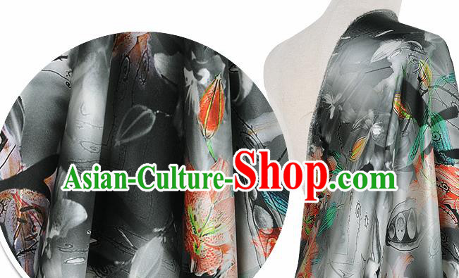 Chinese Classical Lily Flowers Pattern Design Grey Silk Fabric Asian Traditional Hanfu Mulberry Silk Material