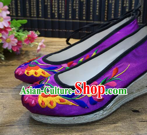 Traditional Chinese Embroidered Butterfly Purple Wedge Shoes National Wedding Shoes Hanfu Shoes for Women