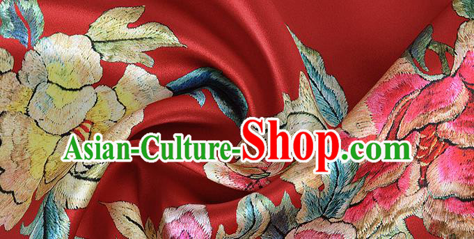 Chinese Classical Peony Pattern Design Red Silk Fabric Asian Traditional Hanfu Mulberry Silk Material