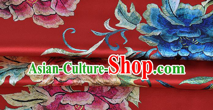 Chinese Classical Peony Pattern Design Red Silk Fabric Asian Traditional Hanfu Mulberry Silk Material