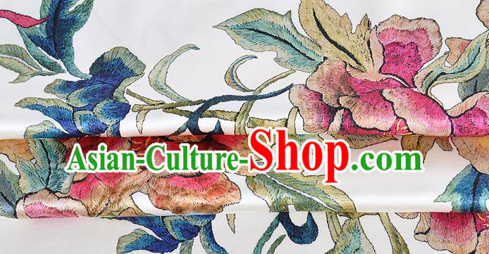 Chinese Classical Peony Pattern Design White Silk Fabric Asian Traditional Hanfu Mulberry Silk Material
