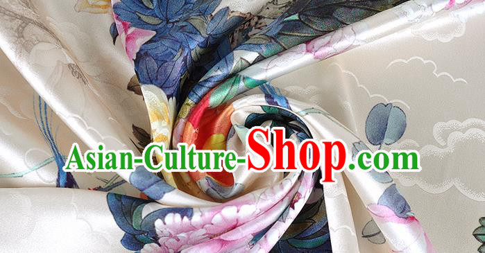 Chinese Classical Peony Pattern Design Beige Silk Fabric Asian Traditional Hanfu Mulberry Silk Material