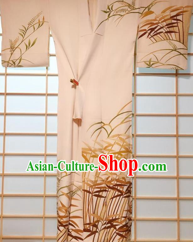 Japanese Traditional Printing Bamboo Leaf Beige Kimono Japan Yukata Dress Costume for Women