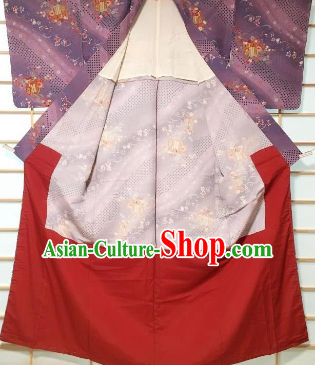Japanese Traditional Printing Purple Furisode Kimono Japan Yukata Dress Costume for Women