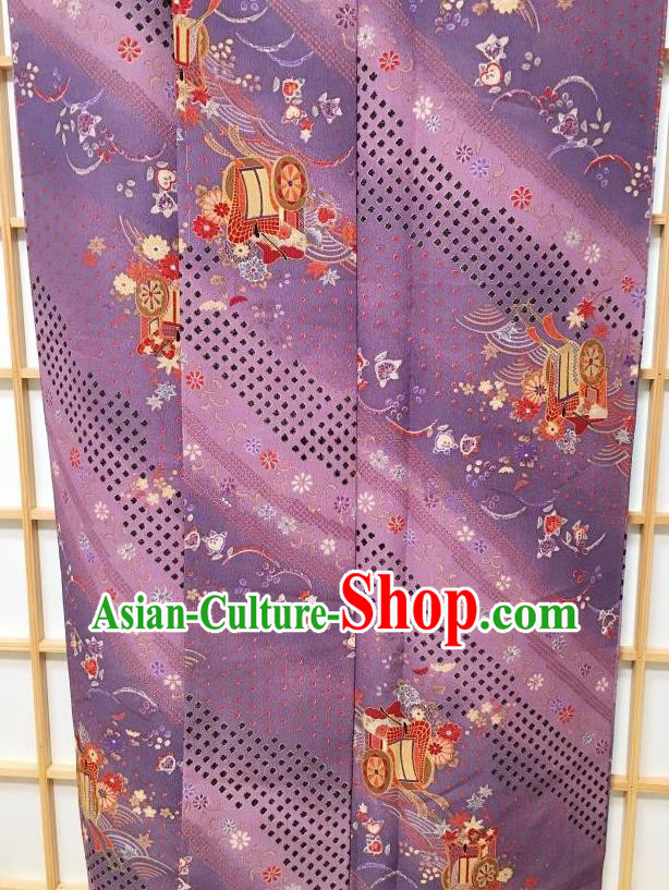 Japanese Traditional Printing Purple Furisode Kimono Japan Yukata Dress Costume for Women