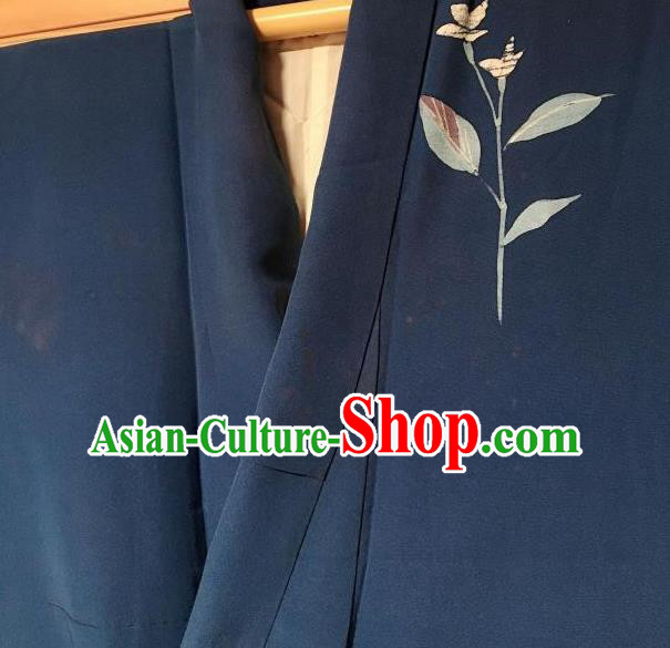 Japanese Traditional Printing Navy Furisode Kimono Japan Yukata Dress Costume for Women