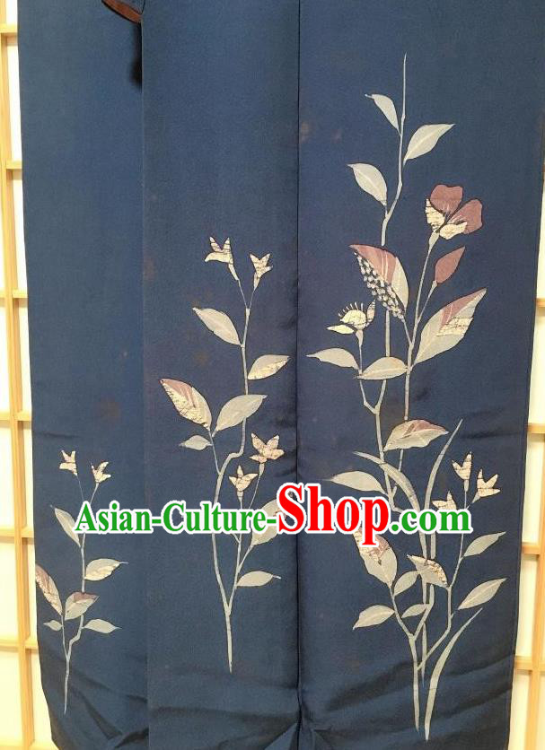 Japanese Traditional Printing Navy Furisode Kimono Japan Yukata Dress Costume for Women