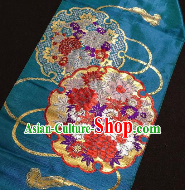 Japanese Traditional Embroidered Peony Pattern Blue Waistband Japan Kimono Yukata Belt for Women