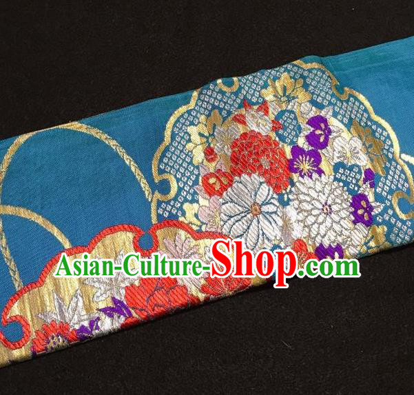 Japanese Traditional Embroidered Peony Pattern Blue Waistband Japan Kimono Yukata Belt for Women